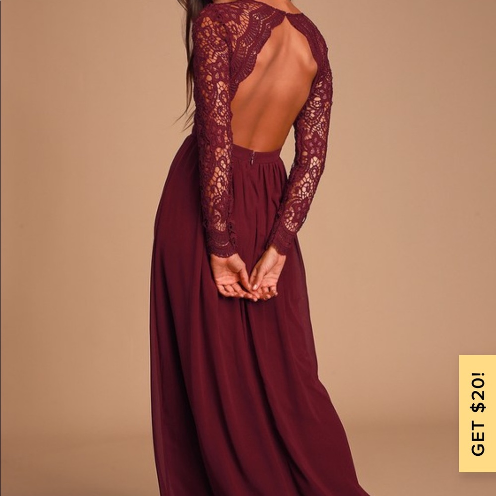 Awaken My Love Burgundy Long Sleeve Lace Maxi